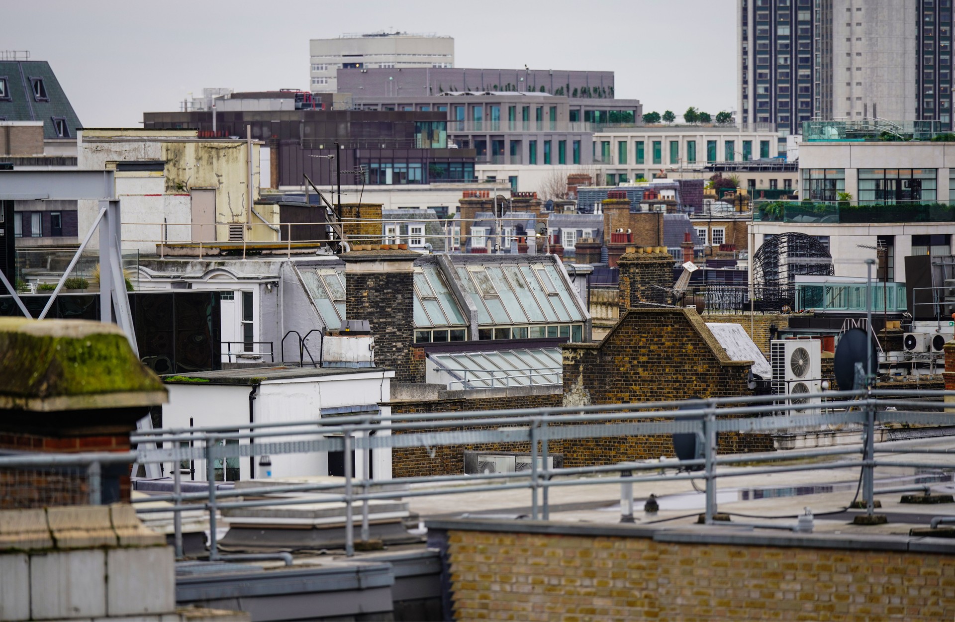 Urban Skyline High-Angle View and Mayfair Area Cityscape from Oxford Street, Central London, UK